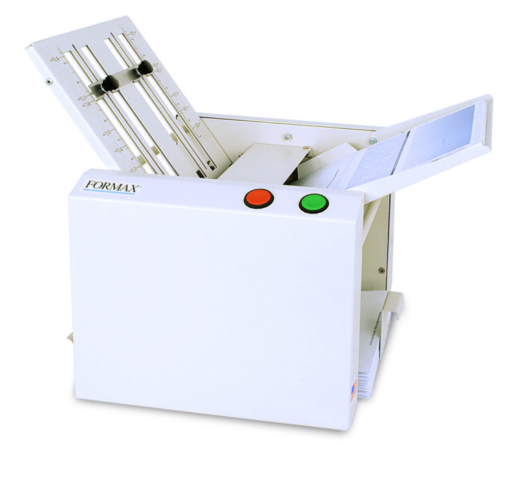 A white machine featuring a paper cutter on top, designed for cutting paper efficiently.