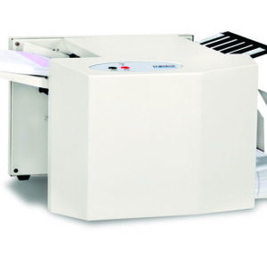 A white paper cutter on a plain white background, showcasing its sleek design and functionality.