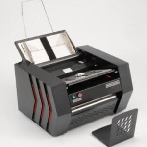 A compact black and red printer featuring a paper tray for easy printing.