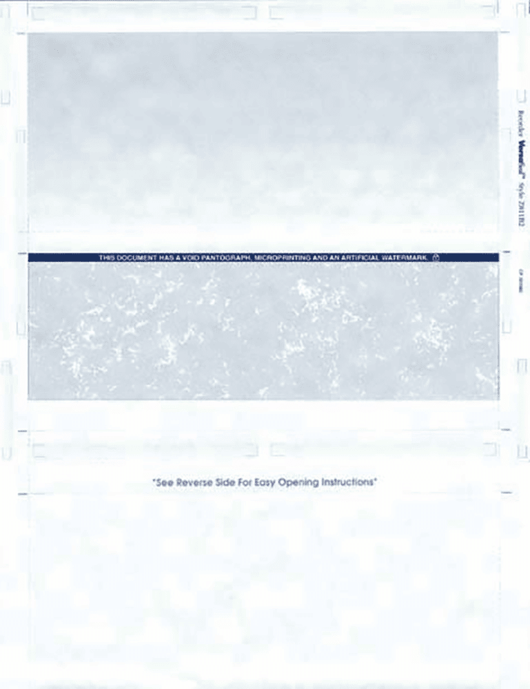 A blank check form displaying a textured gray background with a blue strip stating security features like microprinting. A note at the bottom reads, "See Reverse Side For Easy Opening Instructions."